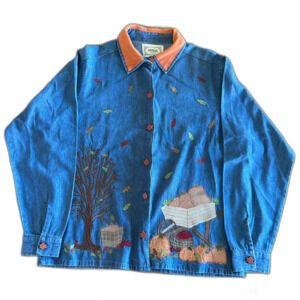 Vintage Tantrums Fall Embroidered Denim Button-Down Shirt Women's Medium